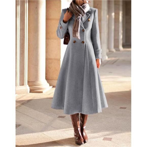 Womens Long Coat, Double Breasted Trench Coat Light Grey